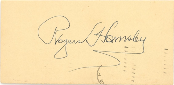 Lot of (3) Hall of Famers Single Signed Post Card & Cuts Signed By Roger Hornsby, Hank Greenberg & Harry Heilmann (Beckett & JSA)